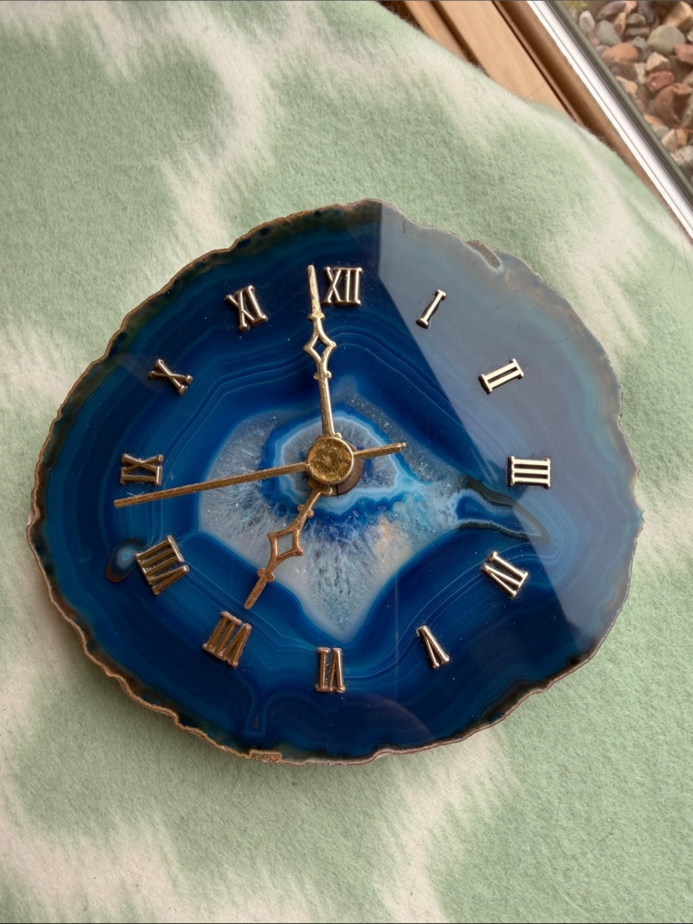Handmade Blue Agate Wall Clock with Gold Accents - about 5.5”x5”
